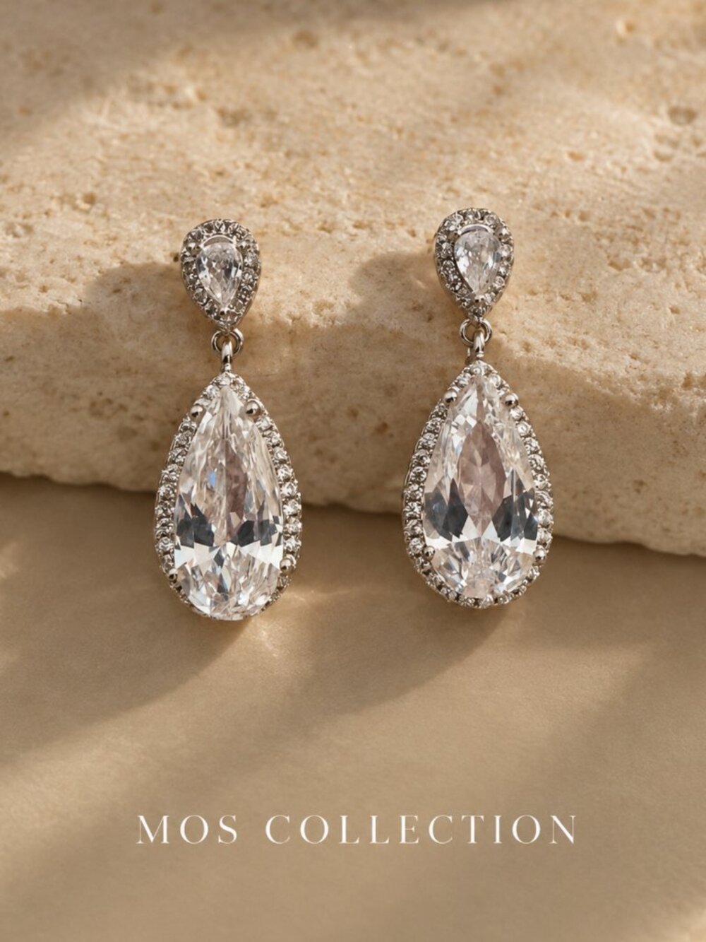 MOS COLLECTION Teardrop CZ Halo Bridal Drop Earrings